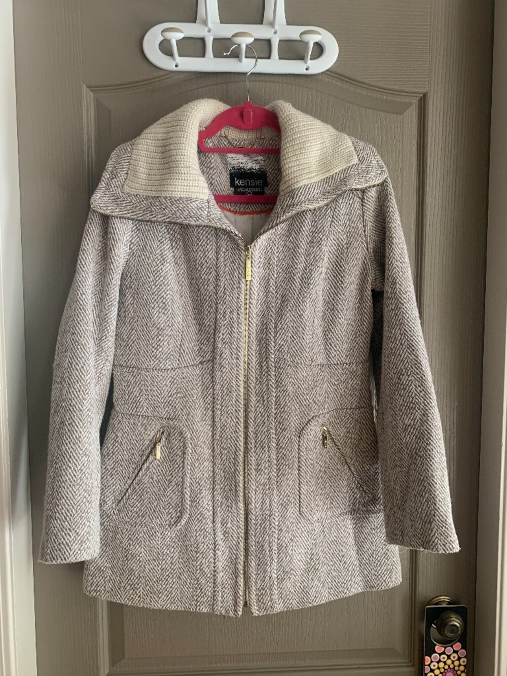 Kensie Herringbone Wool Blend Coat Size M Grey Light Academia Campus Chic
